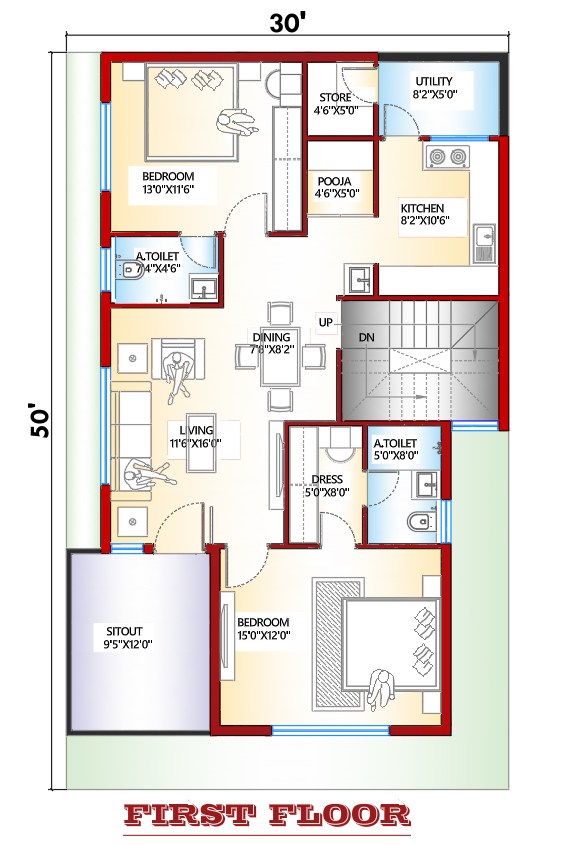 30×50 west facing house plan first floor