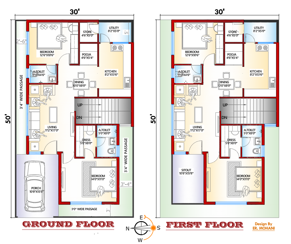 30×50 plot layout for 2 BHK house plan