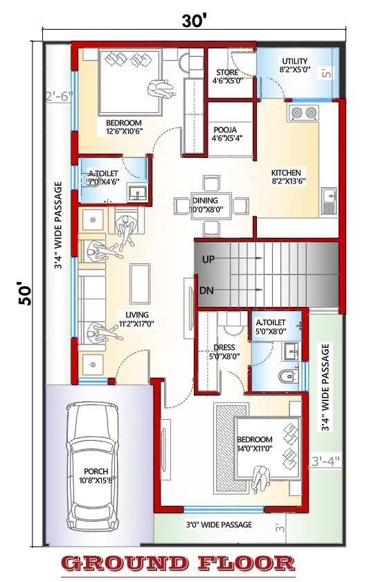 30×50 2 BHK ground floor house plan