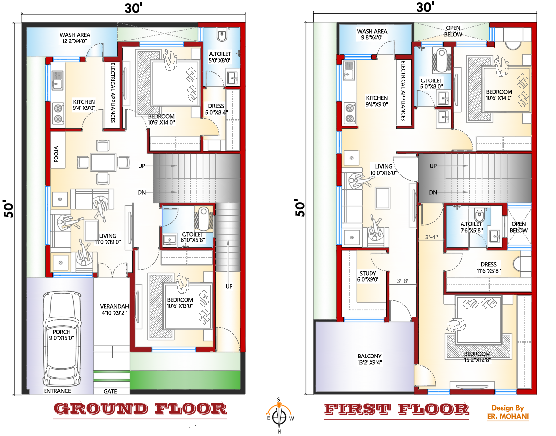 30×50 ground and first floor house plan with owner bedroom and 1BHK rental unit
