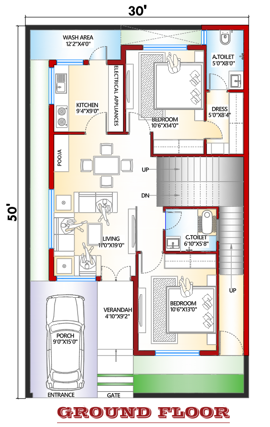 30×50 ground floor house plan with owner bedroom