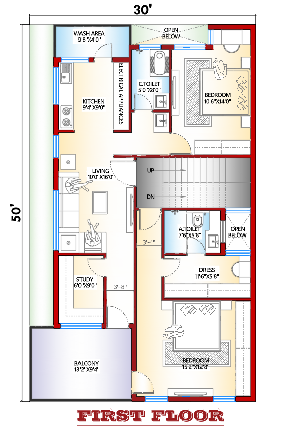 30×50 first floor house plan with owner bedroom and 1BHK rental unit