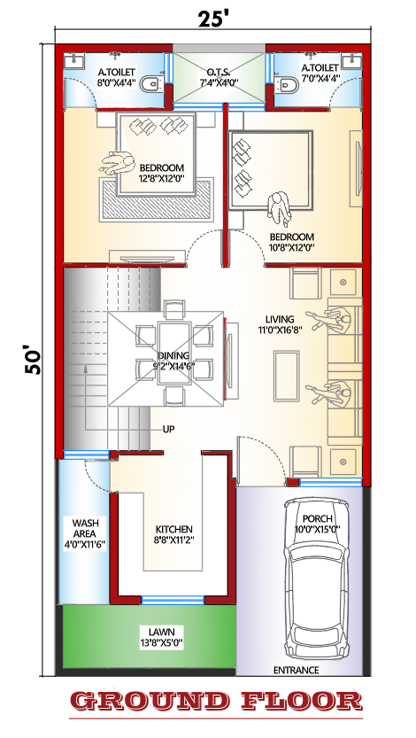 25x50 feet 2BHK ground floor plan with living room, kitchen, two bedrooms, bathrooms, dining area, parking and staircase layout.