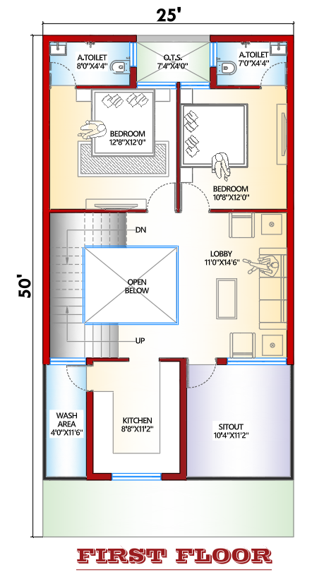 25x50 2BHK first floor plan showing bedrooms, living area, kitchen, bathroom and staircase layout