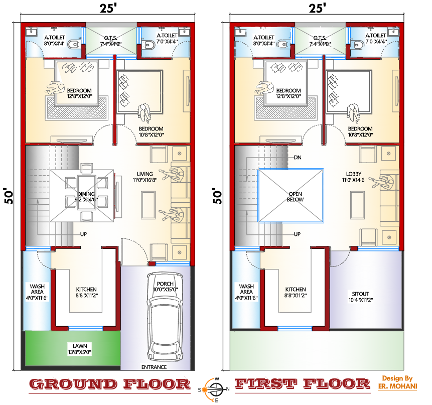 25x50 feet 2BHK house plan showing ground floor and first floor layout with room dimensions