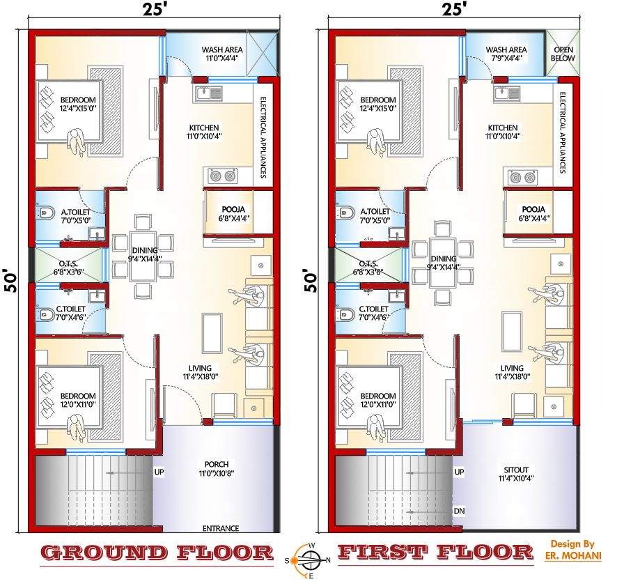 25×50 east facing house plan ground and first floor 2BHK for two families