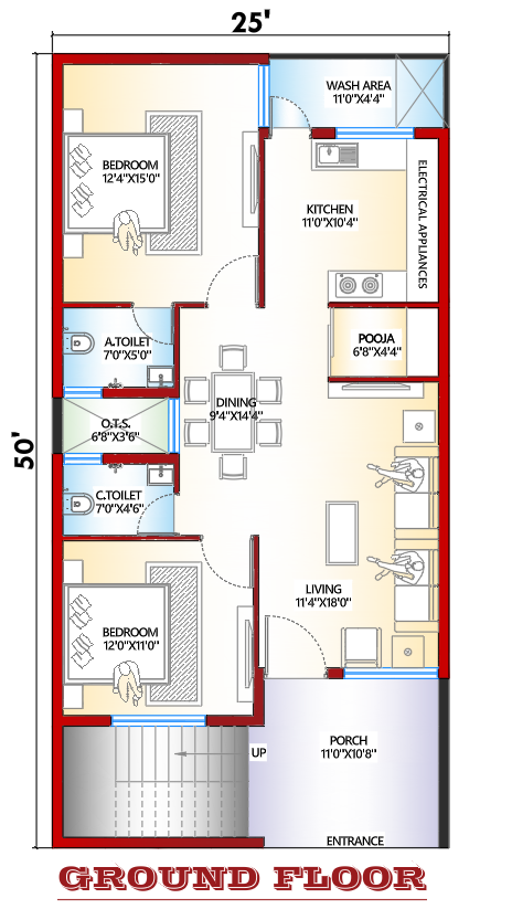 25×50 east facing ground floor 2BHK house plan for two families