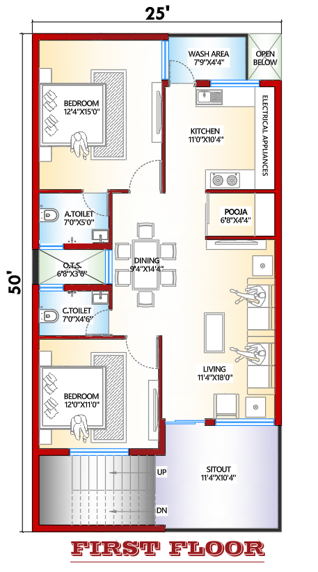 25×50 East Facing First Floor House Plan | 2BHK Design