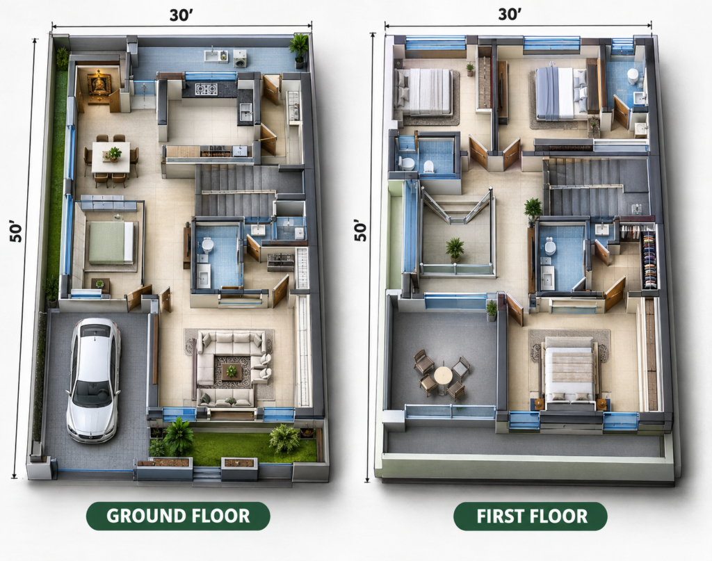 30×50 west facing house plan 3D ground and first floor