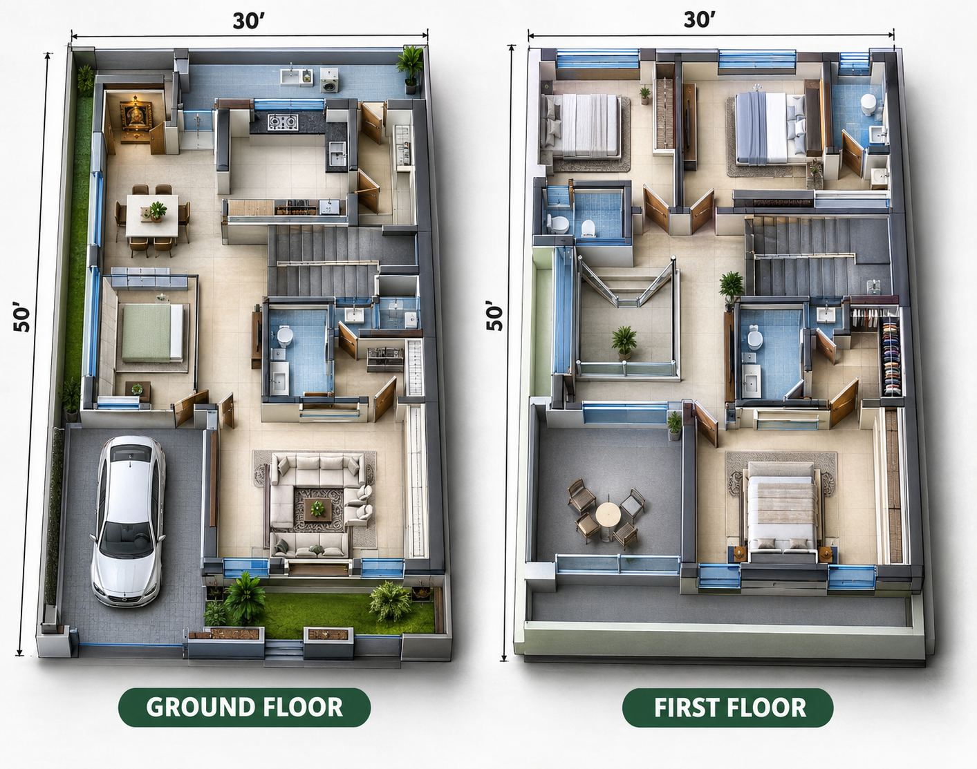 30×50 west facing house plan 3D ground and first floor