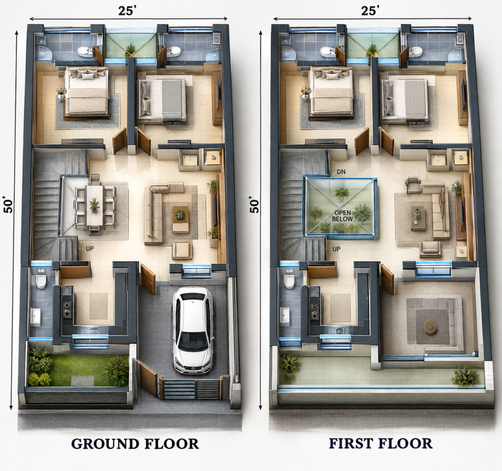 25x50 2BHK house plan showing ground floor and first floor 3D layout design