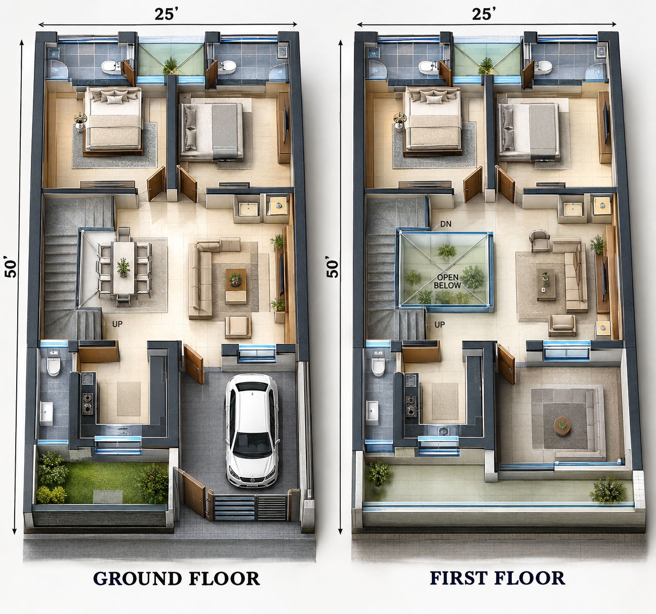 25x50 2BHK house plan showing ground floor and first floor 3D layout design