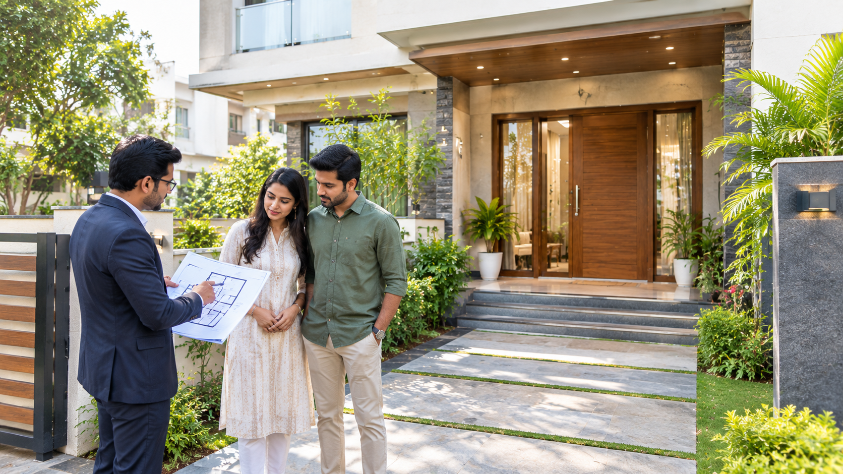 North-facing main entrance of a modern Indian house
