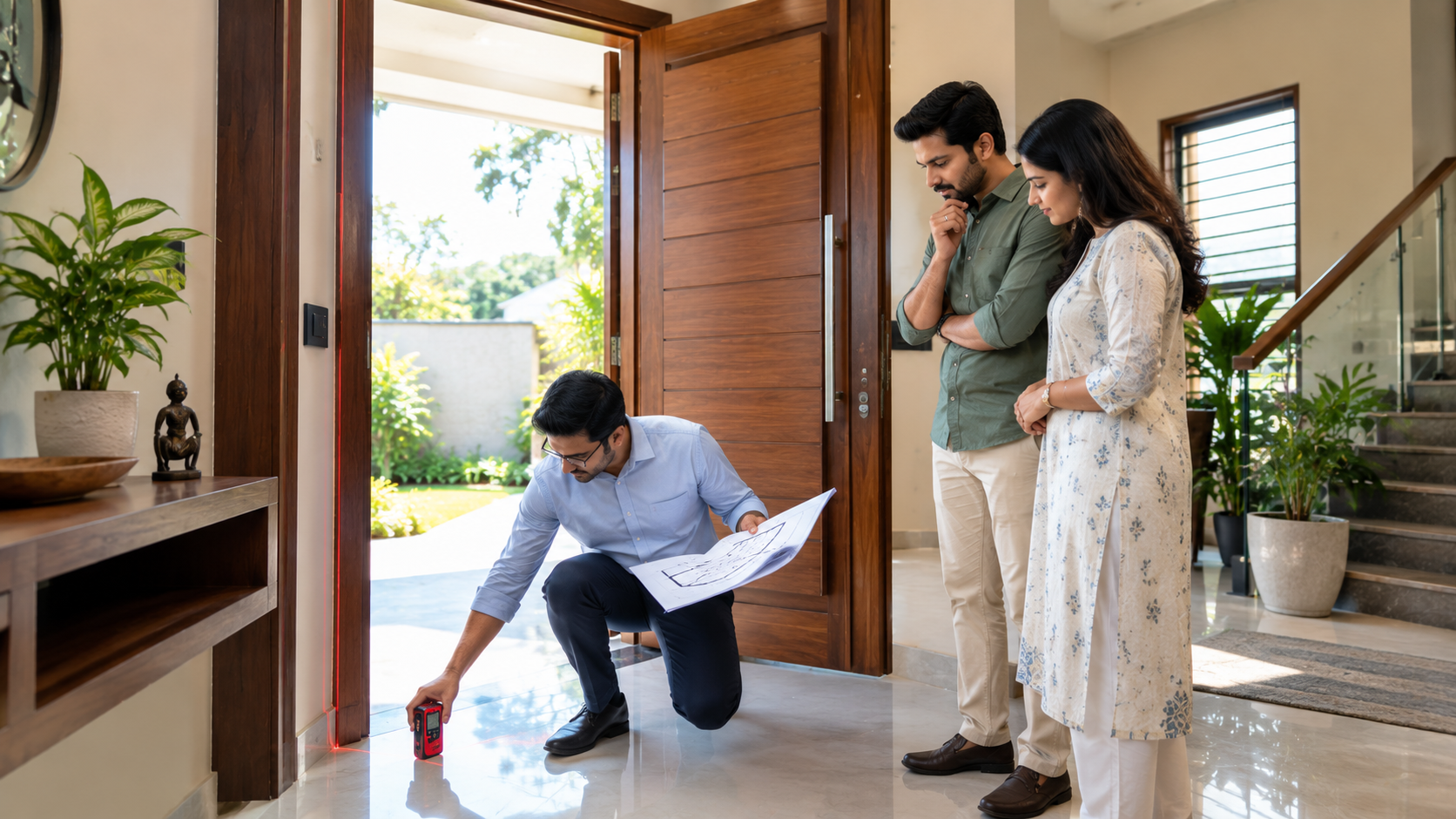 Architect measuring main entrance placement in an Indian home
