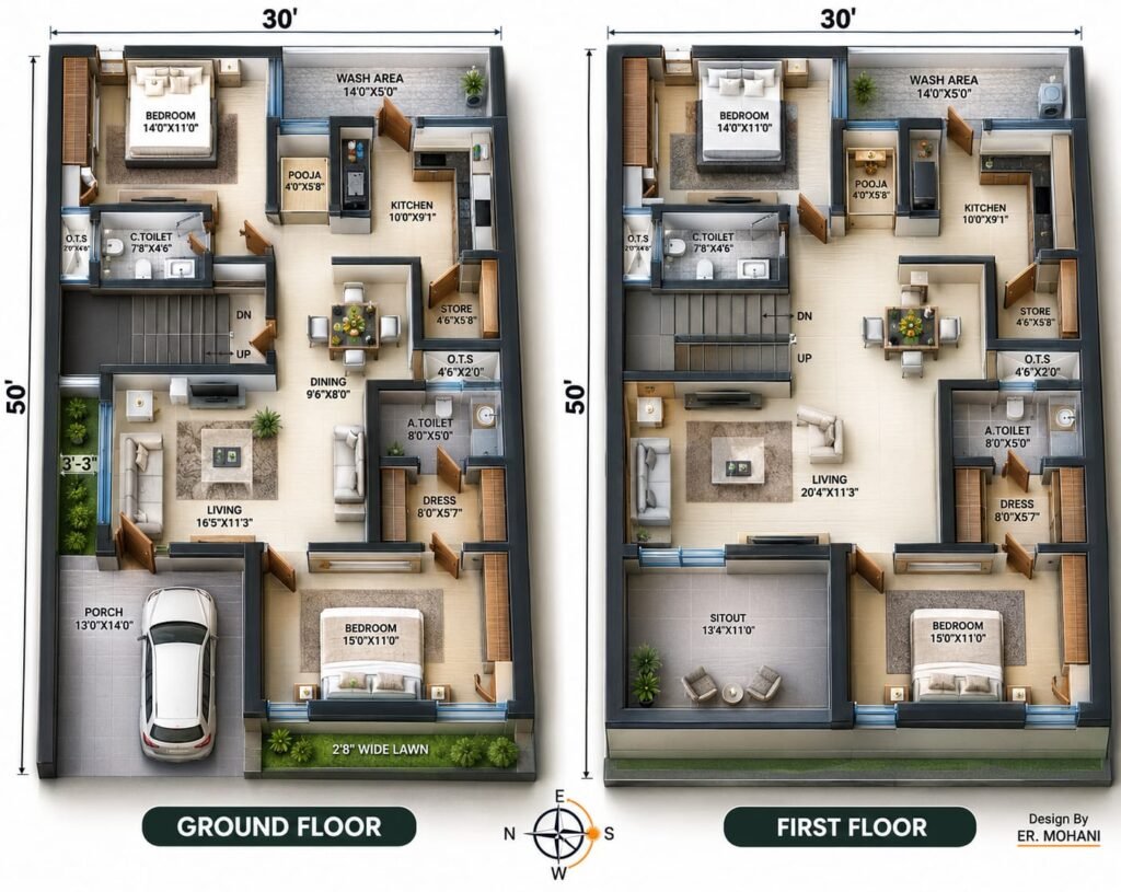 30×50 west facing 4BHK G+1 house plan