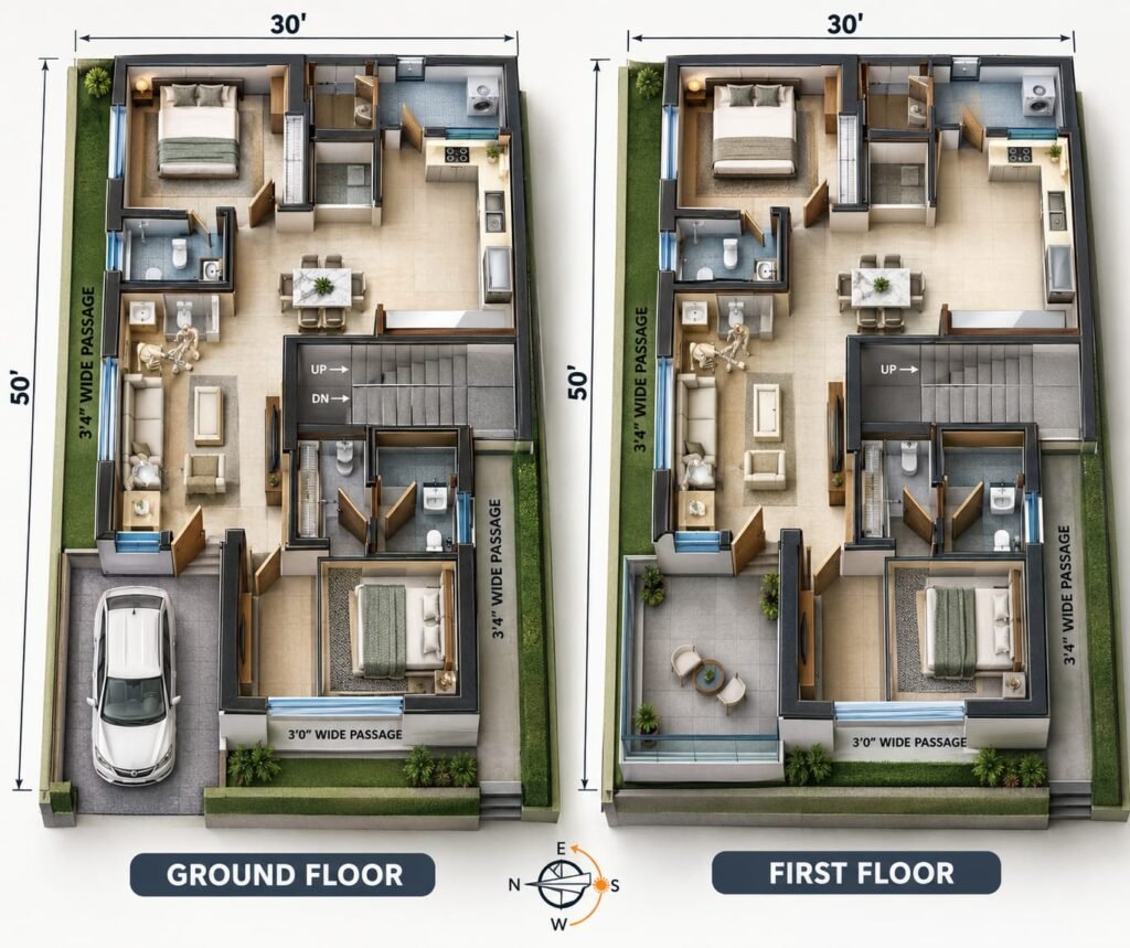 30×50 House Plan | 2 BHK Ground Floor and First Floor Plan 3D floor plan