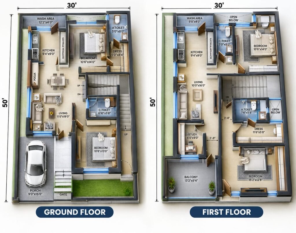 30×50 House Plan with Owner Bedroom and 1BHK Rental Unit – 3D Render
