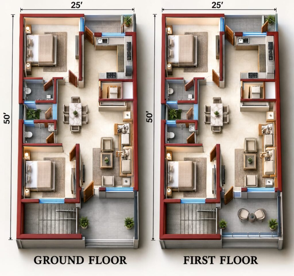 25×50 East Facing House Plan 3D render for two families