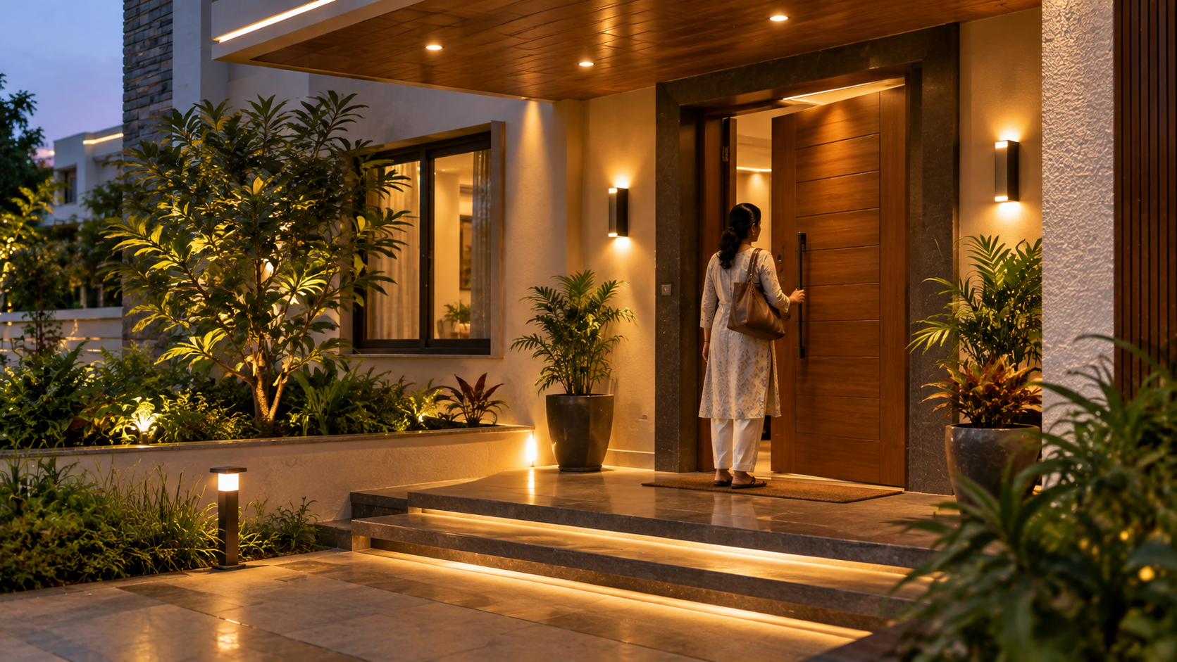 Well-lit main entrance of a modern Indian home