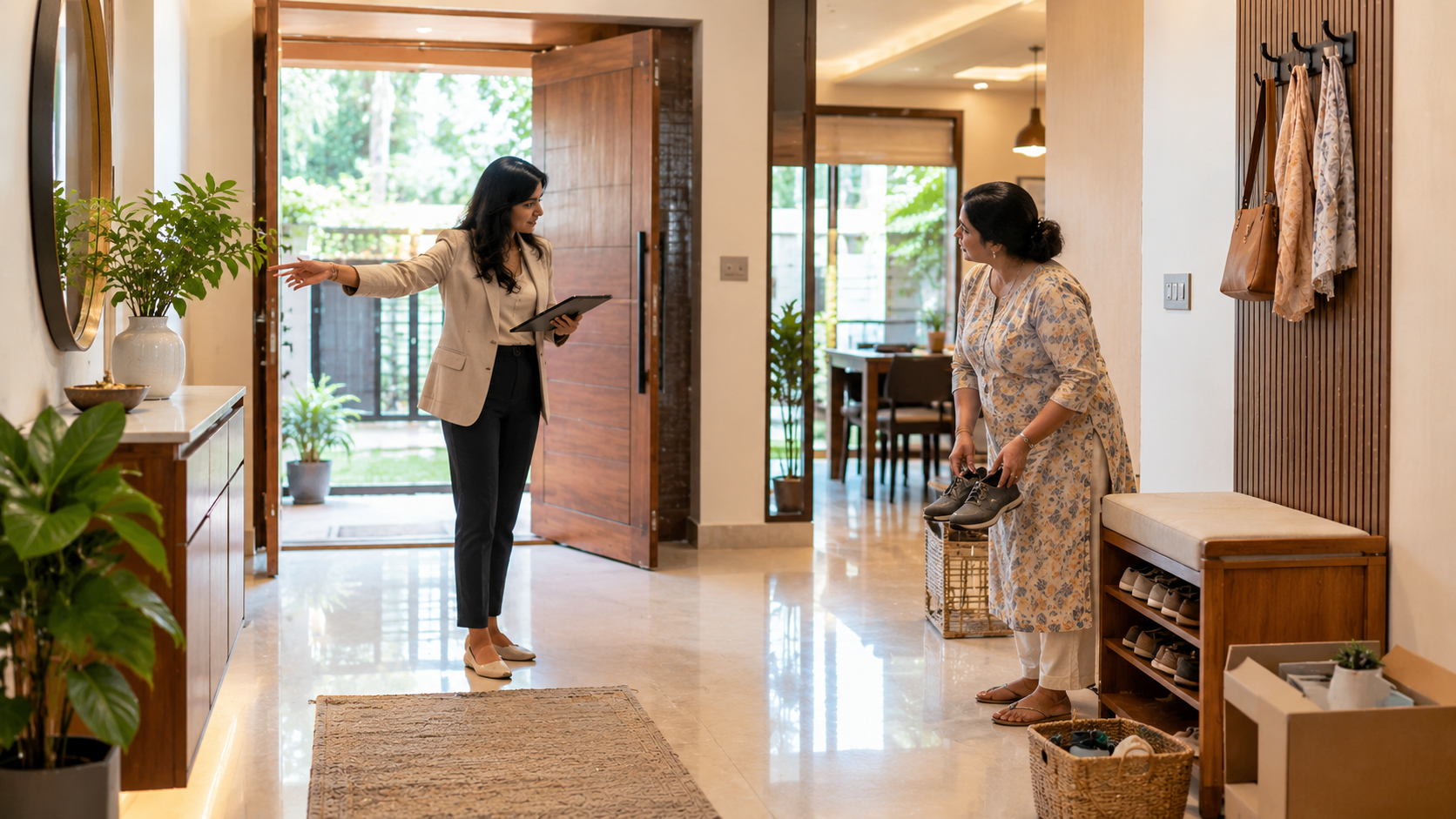 Homeowners reviewing common main entrance planning mistakes with an architect