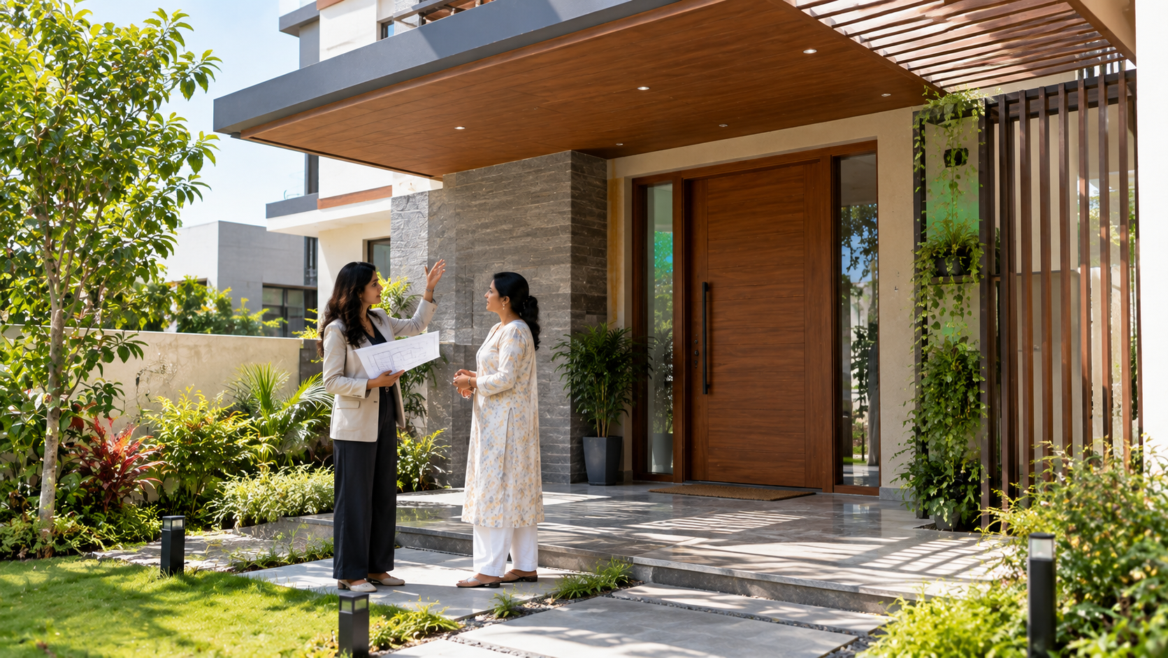 South-facing main entrance of a modern Indian home