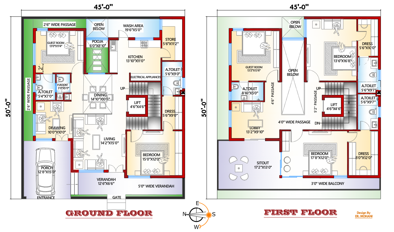 5BHK east facing G+1 floor plan