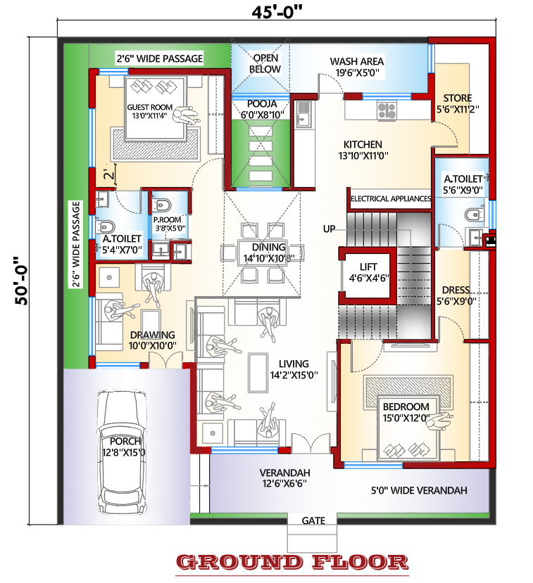 5BHK East Facing Ground Floor House Plan