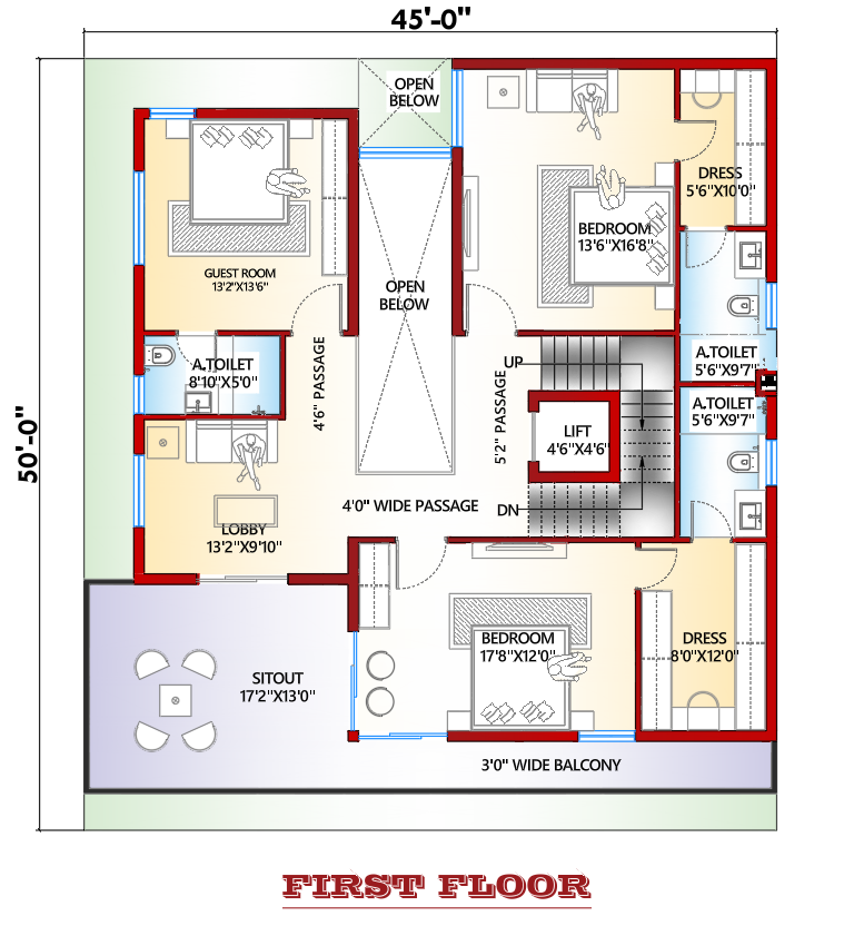 5BHK east facing first floor house plan