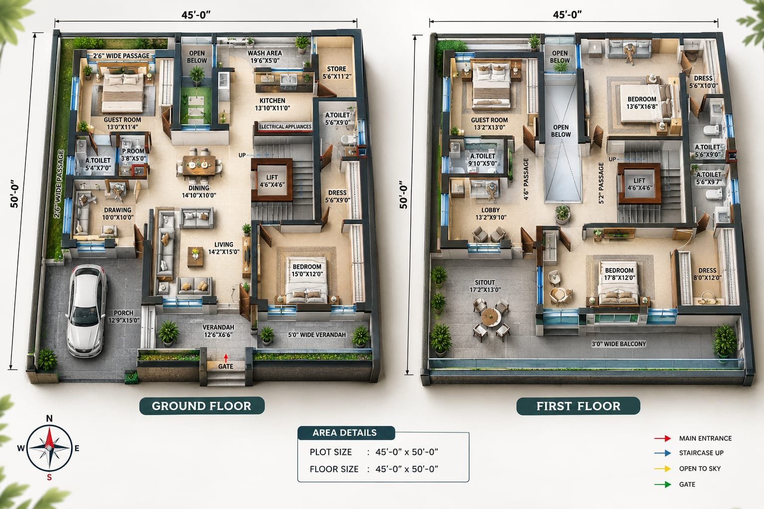 5BHK east facing G+1 house plan 3D view